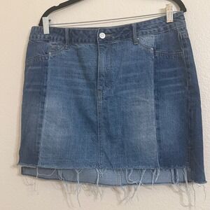 Gianni Bini Denim Patchwork Raw Hem Colorblock Mini Skirt Womens 14 Blue
